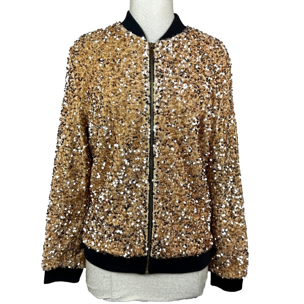 Extro & Vert Sequin Bomber Jacket Women M Gold Sparkle NYE Party Glam Holiday